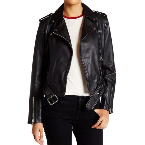 Walter Baker Allison Black Lamb Leather Moto Jacket $698 Size Large